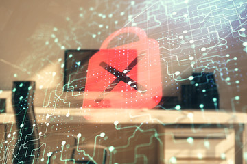 Lock sign hologram with desktop office background. Double exposure. Concept of network protection