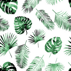 Seamless color vector pattern with palm leaves on dark background. Vector