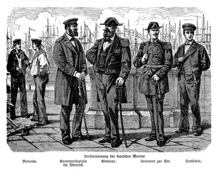 German engraving with the uniforms of the Imperial German Navy seaman and officers in 19th century, from left: sailors, corvette commander with coat, admiral, lieutenant and midshipman
