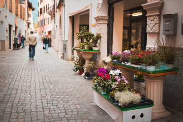 Fototapeta na wymiar Flowers on an old Italian street in the city of Arco in focus. Street background blurred