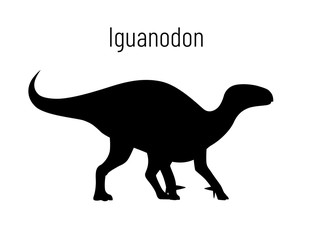Iguanodon. Ornithischian dinosaur. Monochrome vector illustration of silhouette of prehistoric creature iguanodon isolated on white background. Stencil. Huge fossil dinosaur.