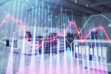 Fototapeta na wymiar Stock market chart with trading desk bank office interior on background. Double exposure. Concept of financial analysis
