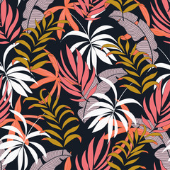 Trend seamless tropical pattern with beautiful leaves and plants on black background. Exotic tropics. Summer. Beautiful print with hand drawn exotic plants. Beautiful exotic plants. 