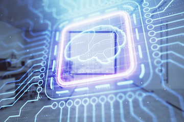 Human brain drawing with office interior on background. Double exposure. Concept of innovation.