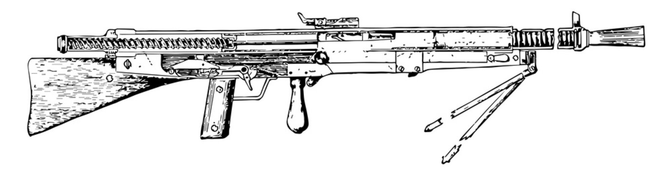 Chauchat Machine Rifle, vintage illustration.