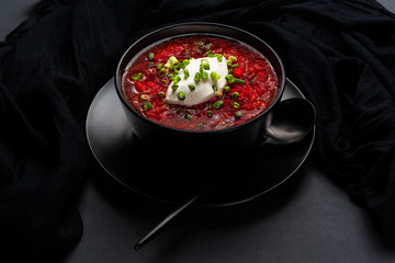 Borscht. Traditional hot dish of Russian and Ukrainian cuisine.