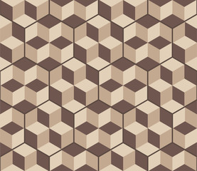 hexagonal tiles with optical Illusion decor. Floor and wall texture. Vintage style pattern for modern interiors. Seamless geometric volume pattern. Fashion graphics background design. 3D cube shapes