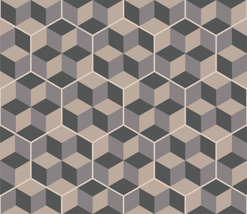 hexagonal tiles with optical Illusion decor. Floor and wall texture. Vintage style pattern for modern interiors. Seamless geometric volume pattern. Fashion graphics background design. 3D cube shapes