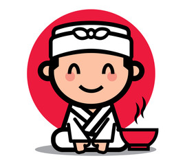 Cute Japanese chef with happy smiling and sitting with a bowl of Japanese noodles soup, vector mascot character illustration