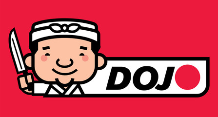 Cartoon cute happy smiling Japanese chef holds a knife with big sign board. Vector mascot character.