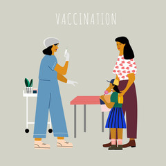 Children vaccination and immunization concept. Mom with kid gonna make a vaccine injection.  Doctor pediatrician  with syringe ready to vaccinating a child. Flat colorful vector illustration.