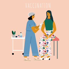 Vaccination and immunization concept. Woman make a vaccine injection of flu.  Doctor   with syringe and gloves vaccinating a woman at the medical laboratory. Flat trendyl vector illustration