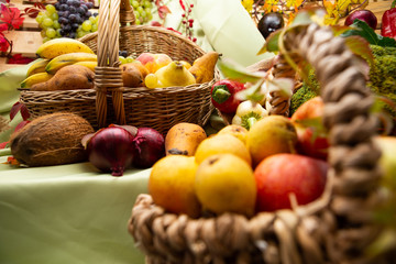 Obraz na płótnie Canvas Autumn fruits and vegetables. Fruit and vegetable background.