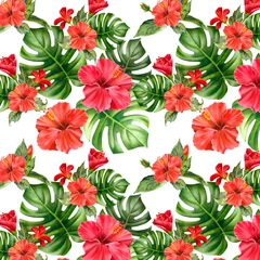 Foto op Canvas Aquarel naadloze patroon met realistische kleurrijke hibiscus en groene bladeren. Tropische bloem Illustratie voor ontwerp huwelijksuitnodigingen, wenskaarten, ansichtkaarten. © Nataliya Kunitsyna