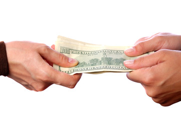 Hands giving money isolated on white background