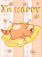 Fototapeten Happy Birthday Card Cute Cartoon Character Cat . Vector Greeting Card. Happy Moment. Congratulation © liusa