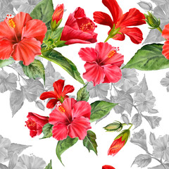 Watercolor seamless pattern with realistic colorful hibiscus and green leaves.  Tropical flower Illustration for design wedding invitations, greeting cards, postcards. 