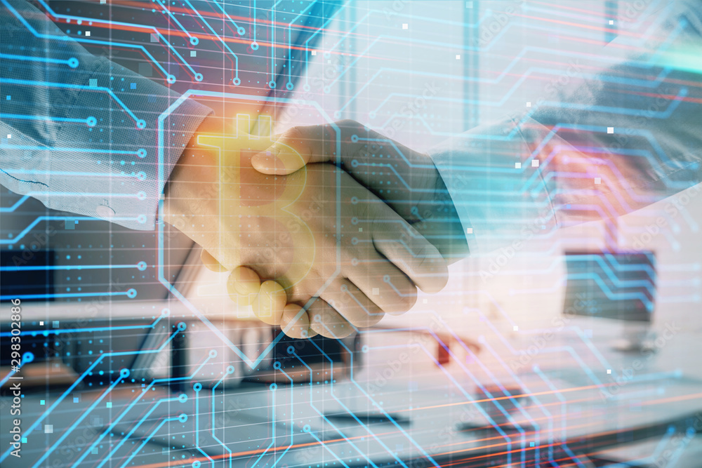 Poster double exposure of blockchain theme drawing on office background with two businessmen handshake. con