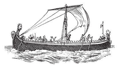Saxon ship from Bayeux Tapestry, vintage illustration.