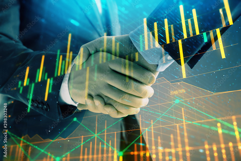 Aufkleber multi exposure of forex graph on abstract background with two businessmen handshake. concept of succ