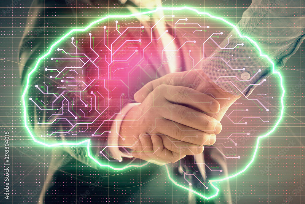 Poster multi exposure of human brain drawing on abstract background with two men handshake. concept of data