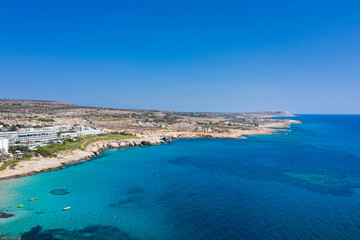 Fototapeta na wymiar Aerial view of the beach in Ayia Napa resort town, Cyprus