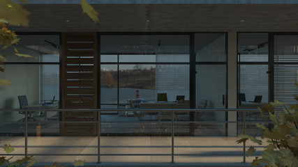 Side View of Office Rooms with Lake View in Natural Daylight 3D Rendering