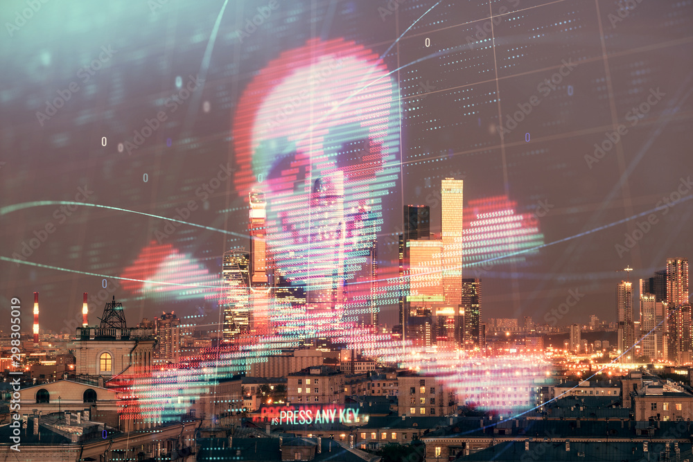Poster double exposure of hacking theme drawing hologram on cityscape background. concept of data cyber pir