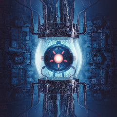 Artificial intelligence generator / 3D illustration of science fiction scene showing glowing orb inside complex futuristic glass globe computer machinery © grandeduc