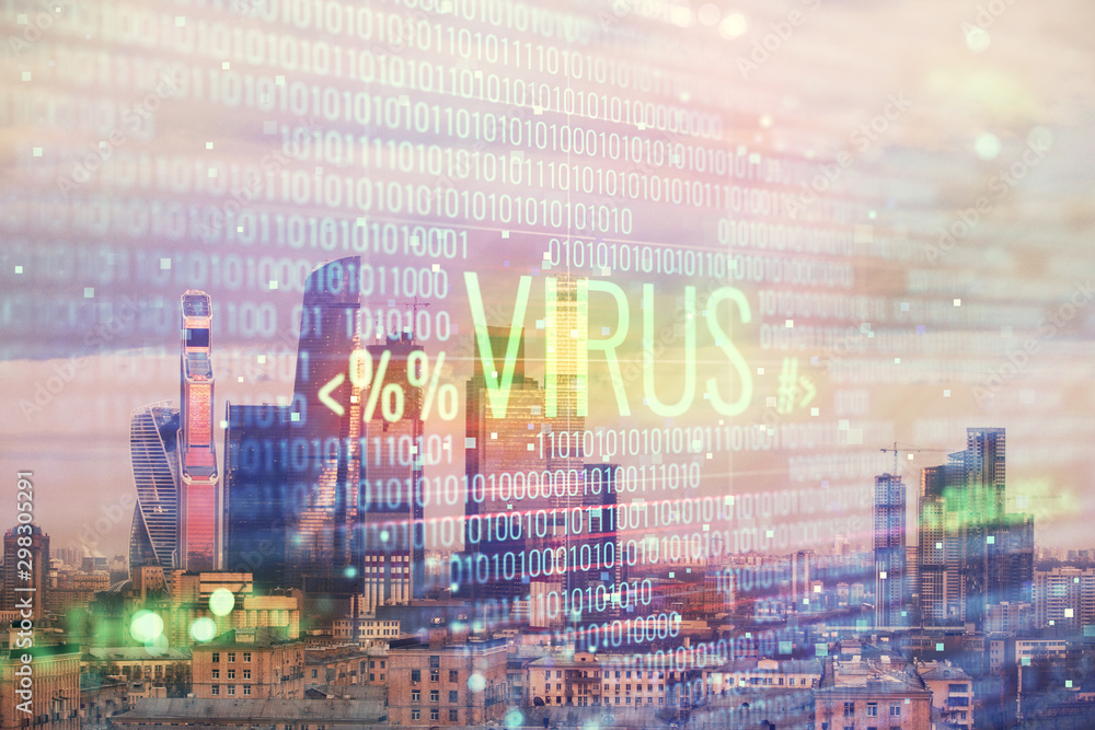 Poster double exposure of hacking theme drawing hologram on cityscape background. concept of data cyber pir