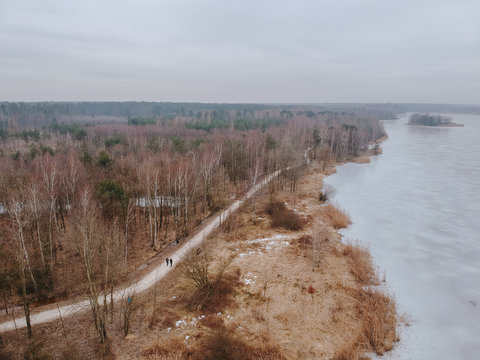 Aerial view footpath near frozen lake