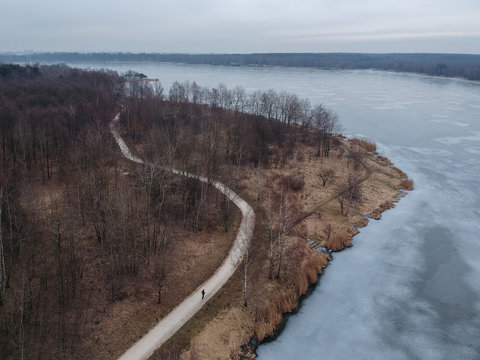 Aerial view footpath near frozen lake