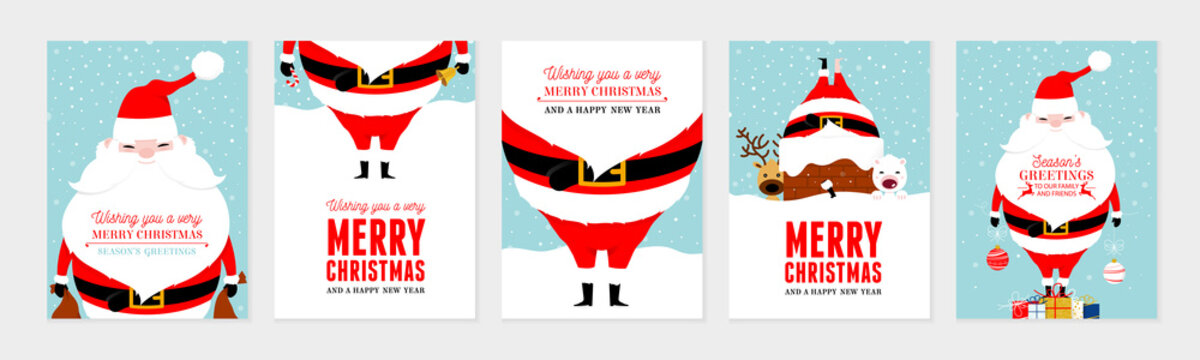 Christmas card set. Merry Christmas and Happy New Year greeting with cute santa claus lettering vector