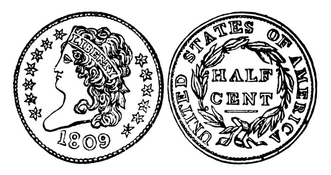 Copper Half Cent Coin, 1809 vintage illustration.