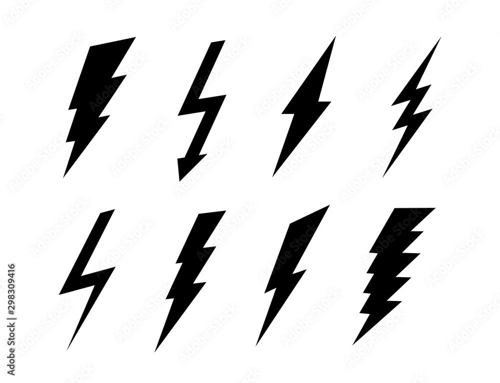 Poster set of flat lightning icons. vector black signs. bolt symbols collection isolated on white backgroun