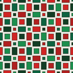 Seamless pattern in Christmas traditional colors with geometric figures. Repeated squares ornamental background.