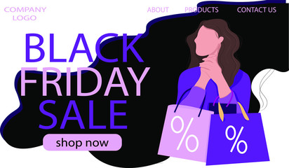  woman with sales bags . Black friday sale. Landing page template. Cute vector illustration in flat style