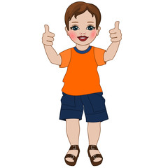A brown-haired boy dressed in an orange T-shirt and blue shorts is standing, smiling and showing a thumbs up gesture with both hands at once, color illustration on a white background