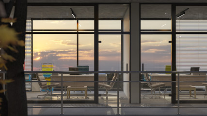 Offices with Sunrise View 3D Rendering