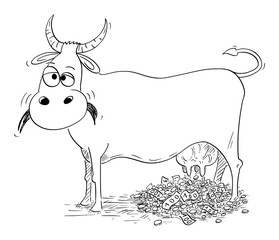 Vector cartoon stick figure drawing conceptual illustration of cash cow giving or milking money. Concept of cash generating product.