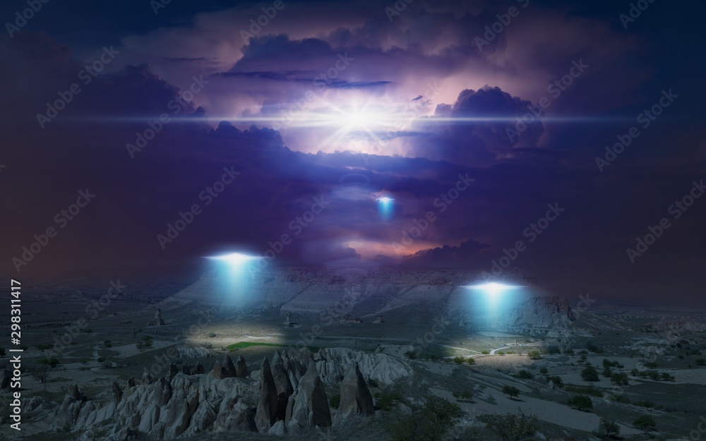 Wall mural alien ships inspect planet's surface with bright spotlights, thunderclouds are illuminated by lightn