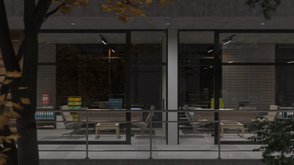 Illuminated Offices Behind Internal Balcony 3D Rendering