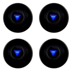 Set of four magic 8 balls predictions WAR PEACE LOVE HATE isolated on white background