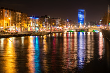 View of Dublin city centre and river Liffey at night