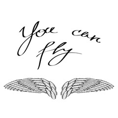 Angel or Phoenix Wings on Grey Blurred Background. Winged Logo Design. Part of Eagle Bird. Design Elements for Emblem, Sign, Brand Mark. You Can Fly Text. Hand Drawn Motivational Lettering.