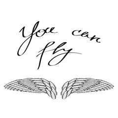 Fototapeta premium Angel or Phoenix Wings on Grey Blurred Background. Winged Logo Design. Part of Eagle Bird. Design Elements for Emblem, Sign, Brand Mark. You Can Fly Text. Hand Drawn Motivational Lettering.