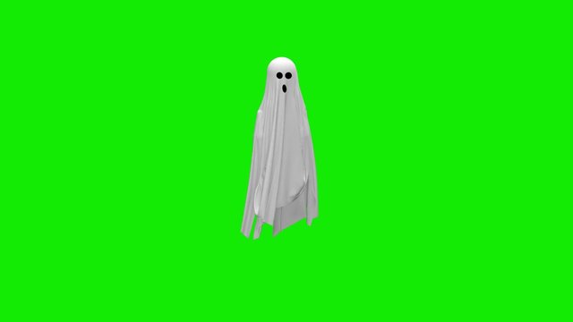 Cartoon Flying white Ghost on an green screen