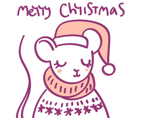 Flat scandinavian style cartoon cute character animal mouse in winter clothes and Santa hat. Minimal vector illustration, merry Christmas card.