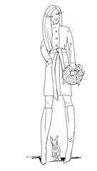 Young beautiful girl, model, in a winter stylish coat, high heels, holds a Christmas wreath in her hands, Christmas fashion illustration, linear drawing, coloring book, raster copy