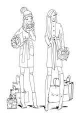 Young beautiful girls models dressed in stylish coats, high heels, buying gifts, Christmas wreaths, shopping, for New Year's greetings, raster copy